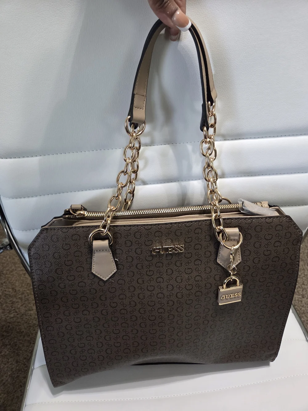 GUESS Factory Ellison Monogram Satchel Handbag in Brown with Gold Hardware